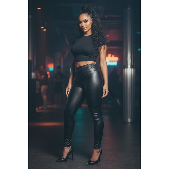 MCEDAR Pants - MCEDAR Black Shiny Faux Leather Legging M High Waist Wet-Look Clubwear Stretch